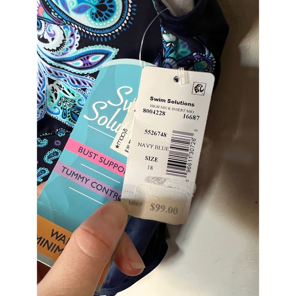 Swim Solutions High Neck Insert Mio One Piece Navy Paisley Swimsuit 18 NEW - Picture 4 of 10